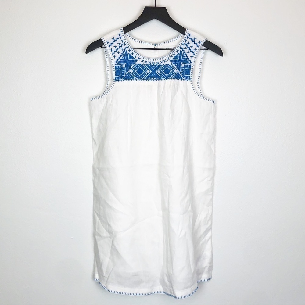 Lucky Brand Linen Embroidered Sleeveless Tank Short Dress White Blue - Picture 3 of 7